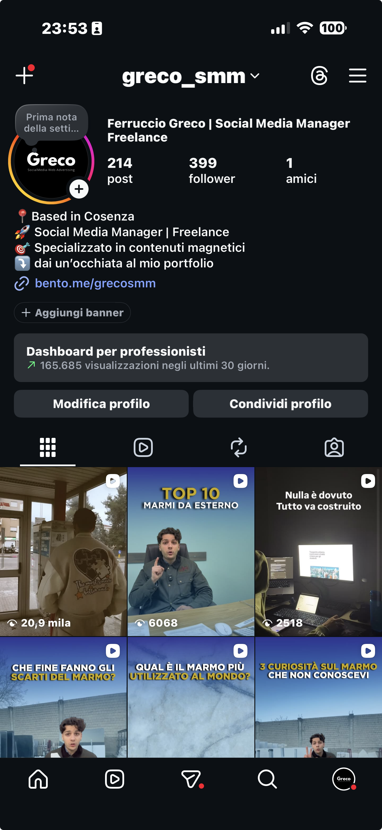 Screenshot del profilo Instagram @greco_smm